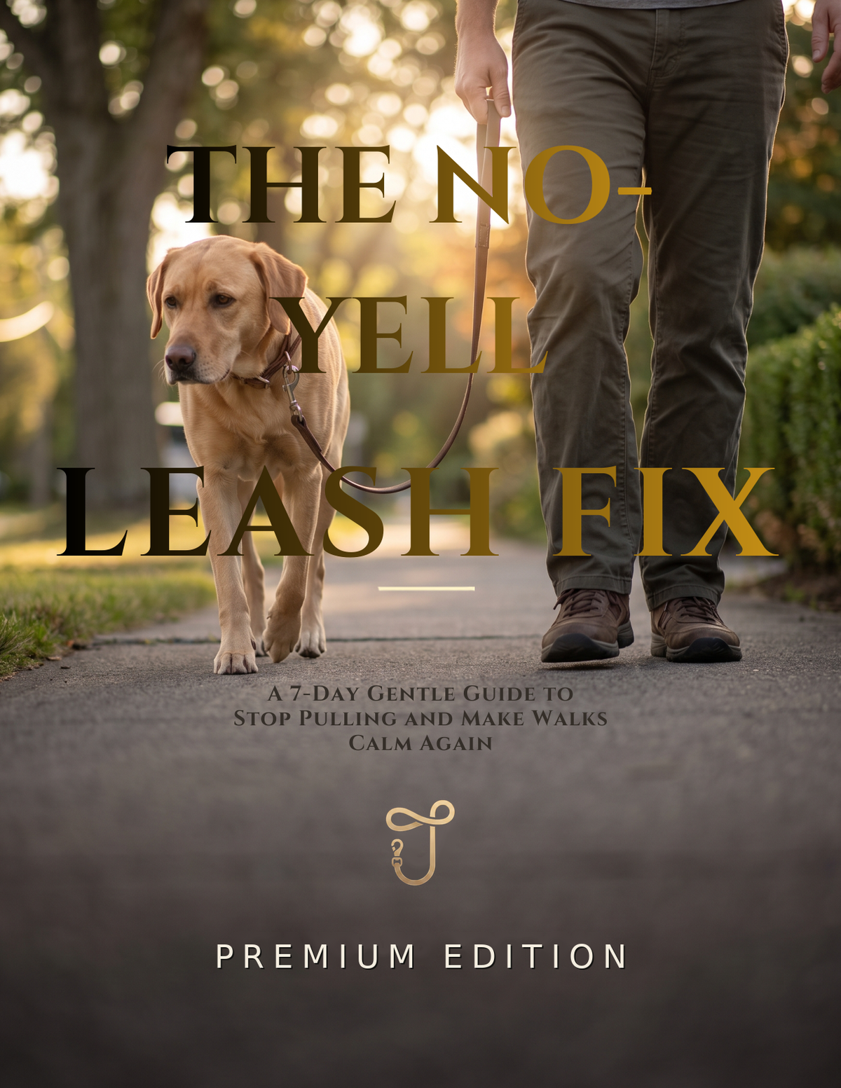 The No-Yell Leash Fix — Premium Edition cover showing a dog walking calmly beside its owner.